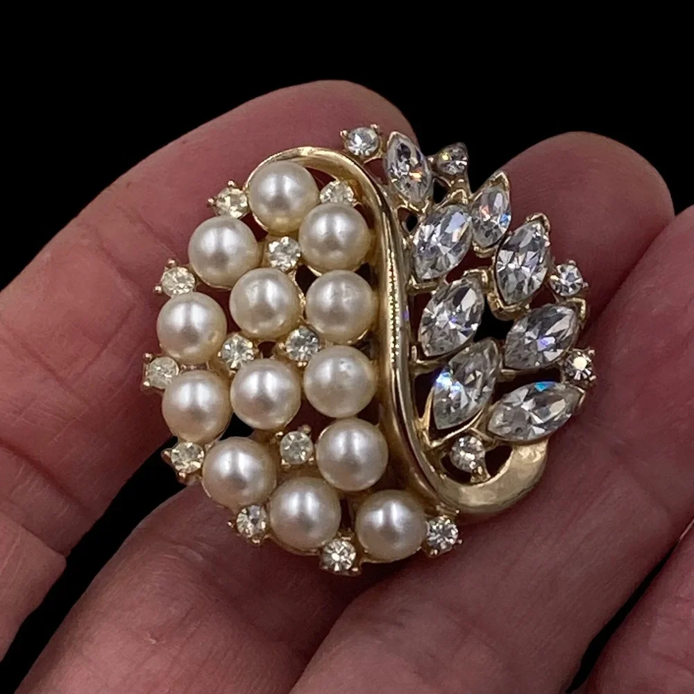 Fabulous Large Trifari Rhinestone Faux Pearl Earrings